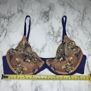 Natori Bra 32B Floral Lace See Through Padded Blue Yellow Brown Hook And Eye